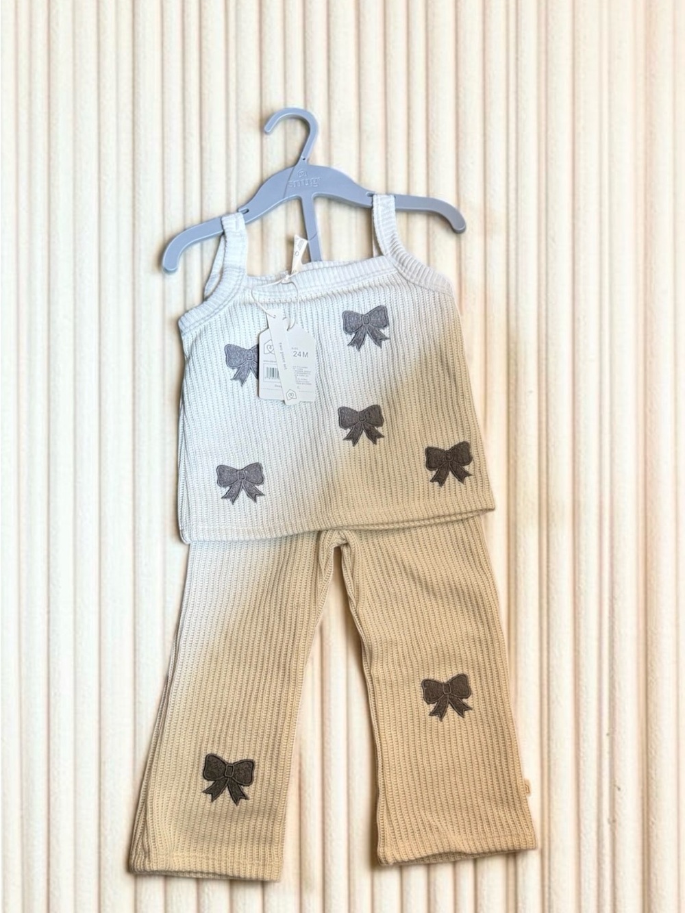Kids Cream Knit Set with Gray Bow Accents